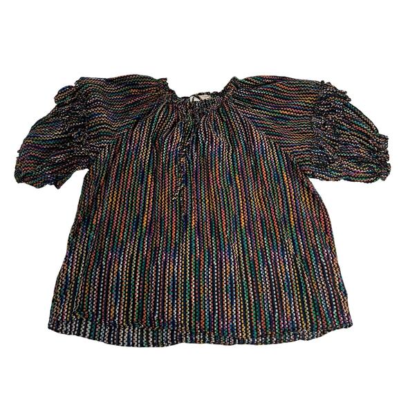 Ramy Brook Eugenia Ruffle Sleeve Top Large Rainbow Dot Stripe Split Neck Peasant - Picture 2 of 12